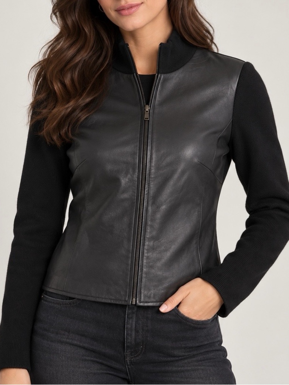INC International Concepts Black Leather-Front Knit Jacket, Size M